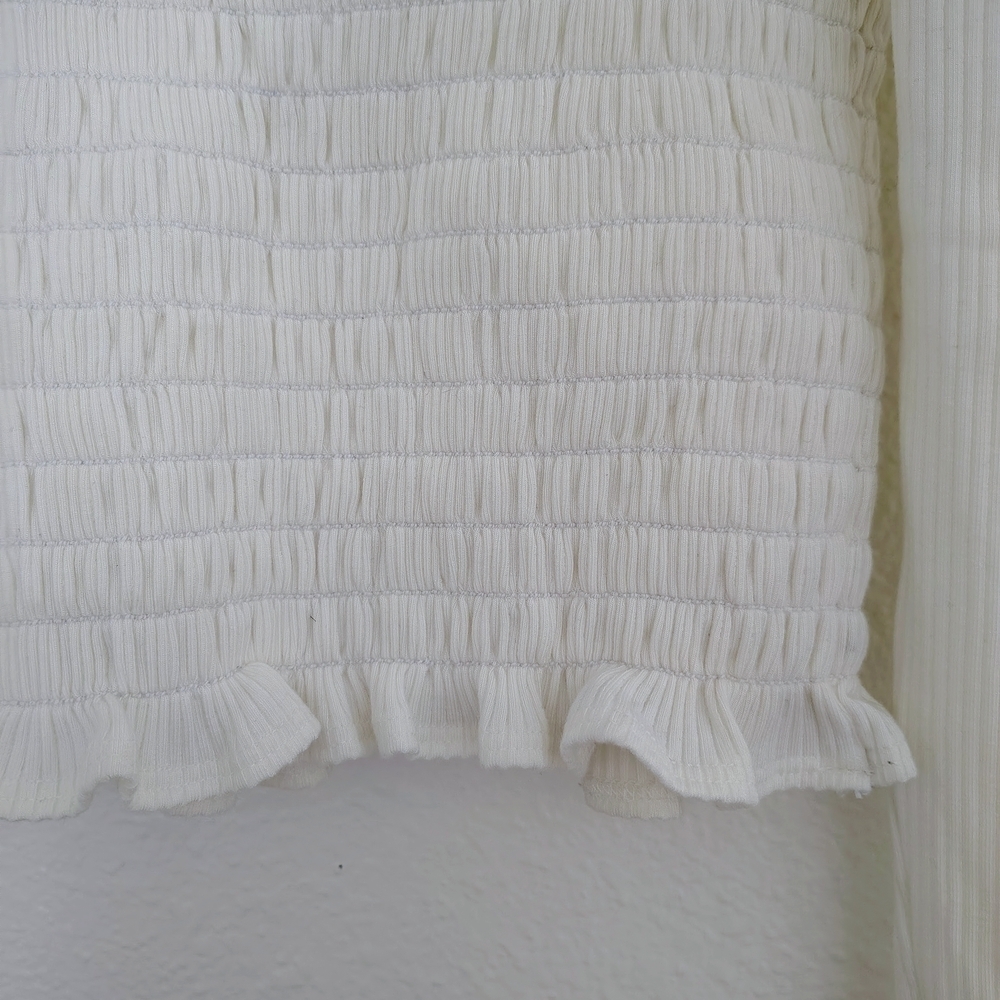 Reformation Creamy Smocked Crop Top Square Neck Sz S Stretch Long Sleeves - Picture 7 of 8